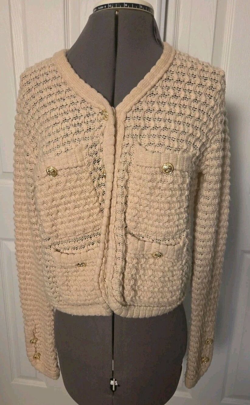 Ellandemm Cream Textured Knit Cardigan Sweater Gold Buttons Size XS Granny